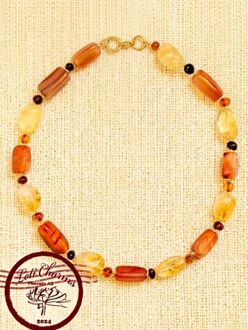Chunky Carnelian, Citrine Stones, And Amber In Necklace Choker In Gold Plated